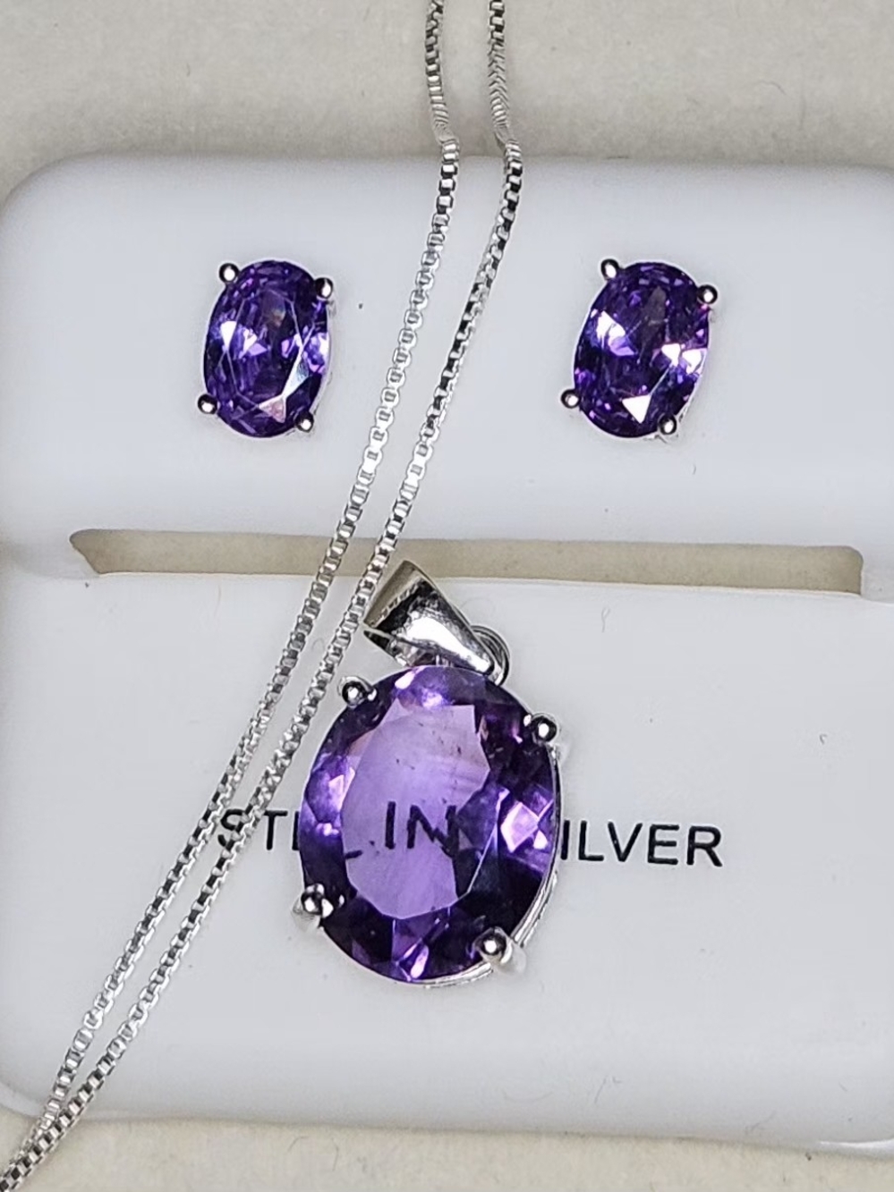 Purple Amethyst Teardrop Pendant & Stud Earrings Set With 925 Italian Box Chain - Picture 2 of 4